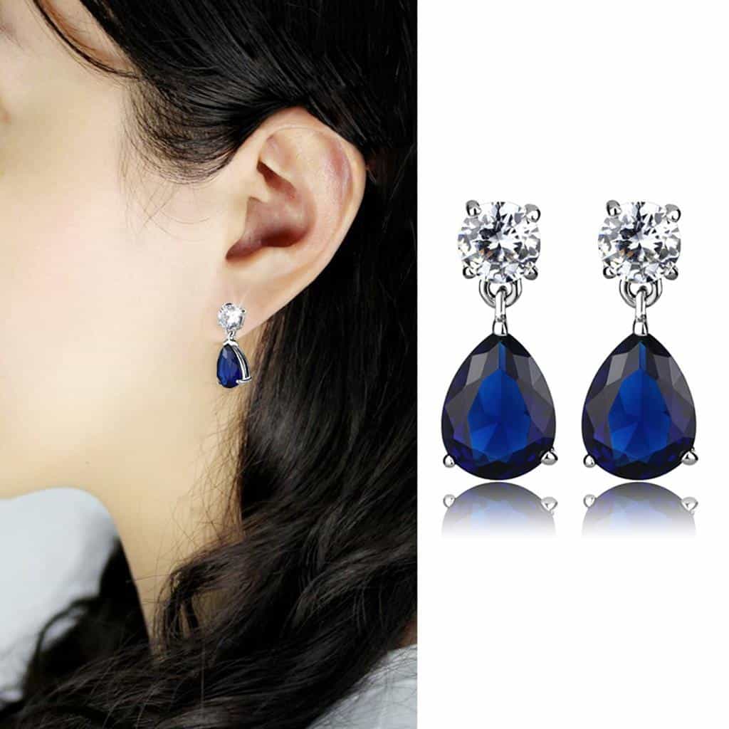 Brass Silver CZ Round Sapphire Pear Drop Earrings view 3