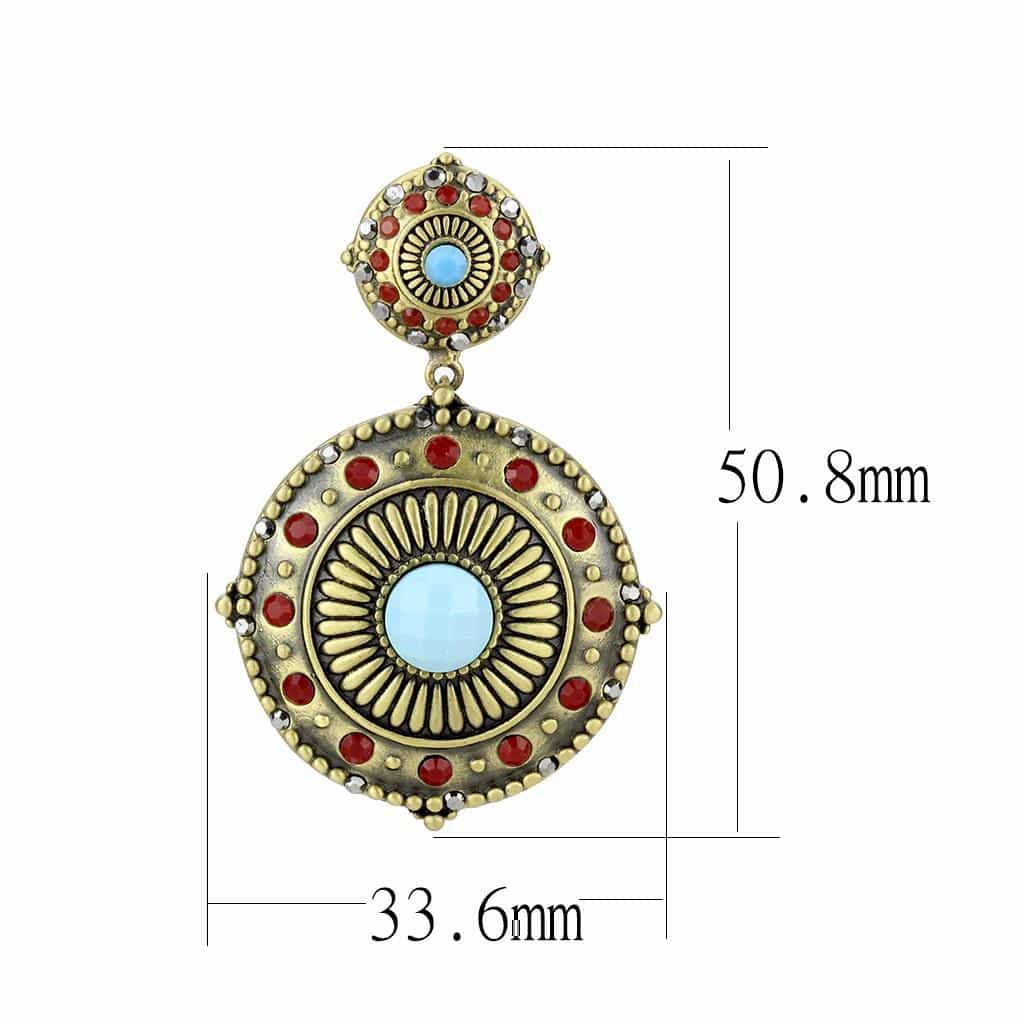 Brass Antique Gold Turquoise Red Crystal Medallion Drop Earrings view 2
