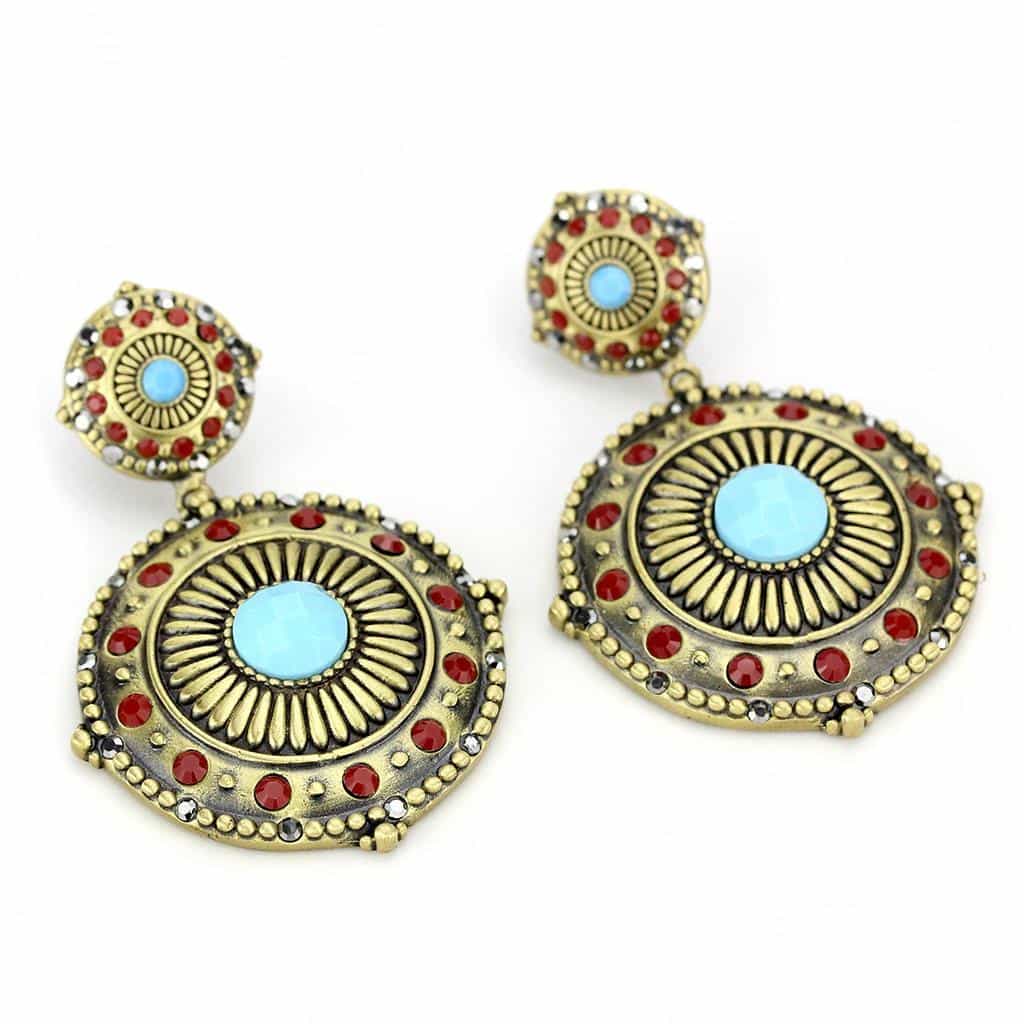Brass Antique Gold Turquoise Red Crystal Medallion Drop Earrings view 3