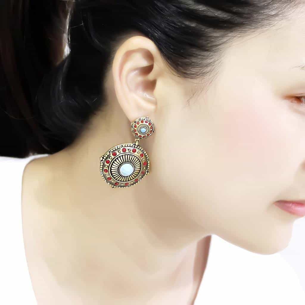 Brass Antique Gold Turquoise Red Crystal Medallion Drop Earrings view 4