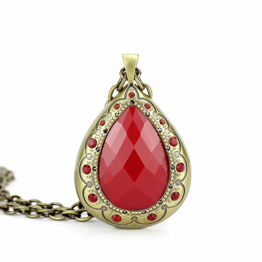 Brass Antique Gold Red Crystal Teardrop Pendant Necklace view 2