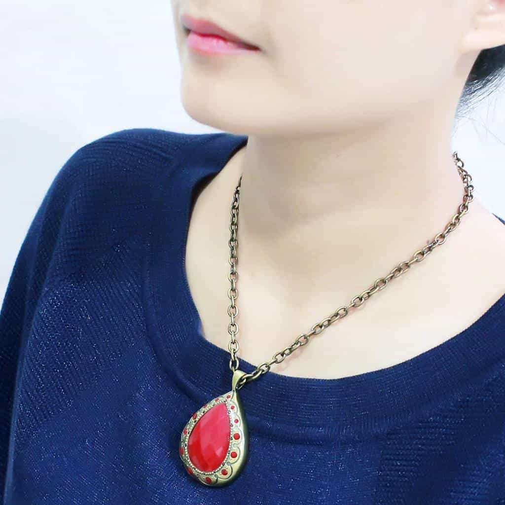 Brass Antique Gold Red Crystal Teardrop Pendant Necklace view 5