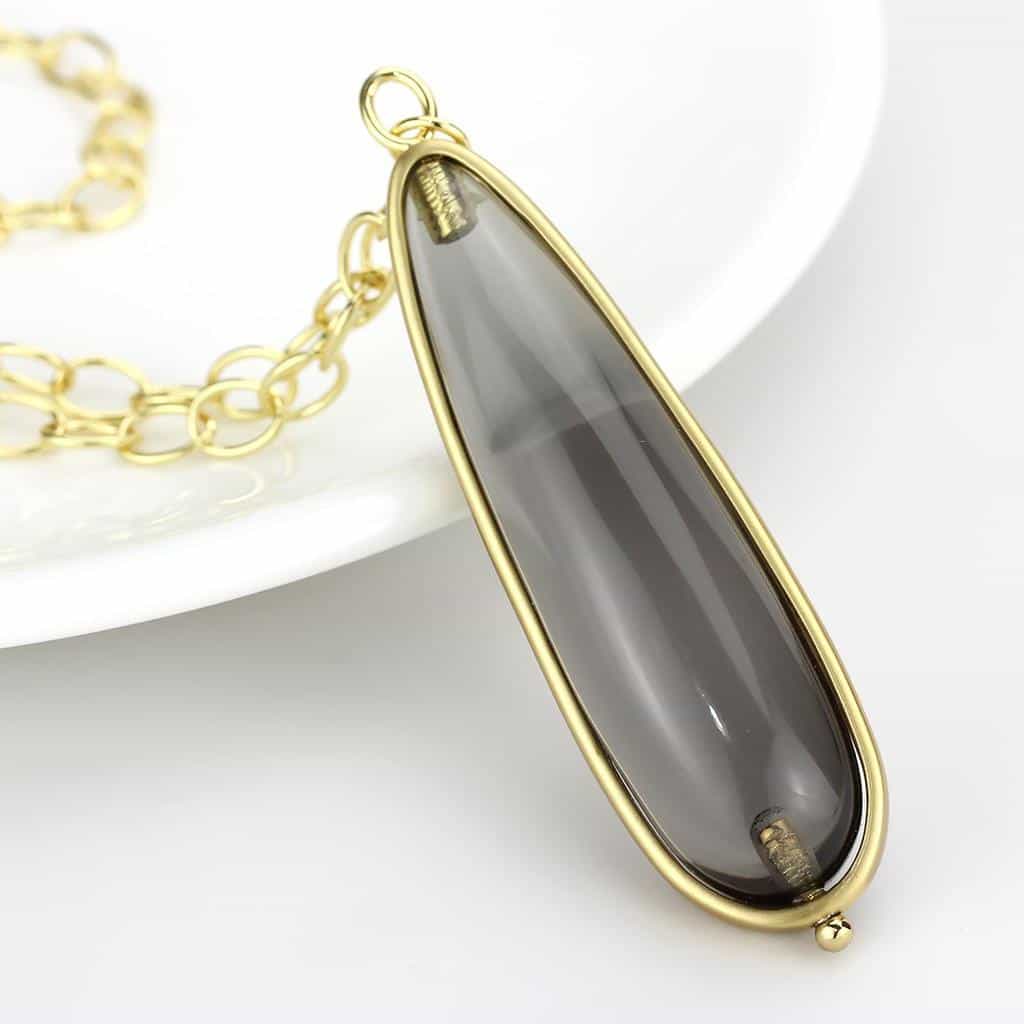 Brass Gold Gray Agate Elongated Teardrop Pendant Necklace view 4
