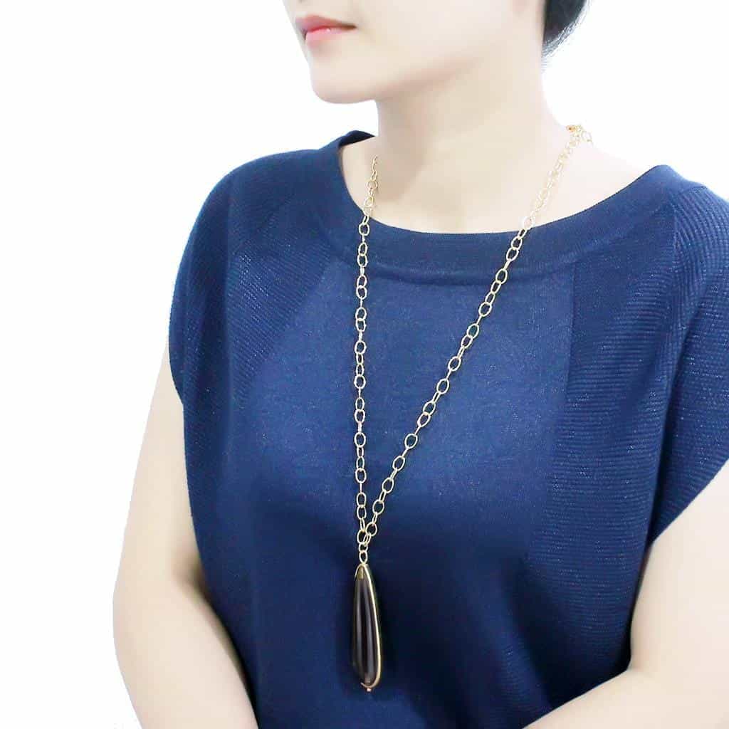 Brass Gold Gray Agate Elongated Teardrop Pendant Necklace view 5