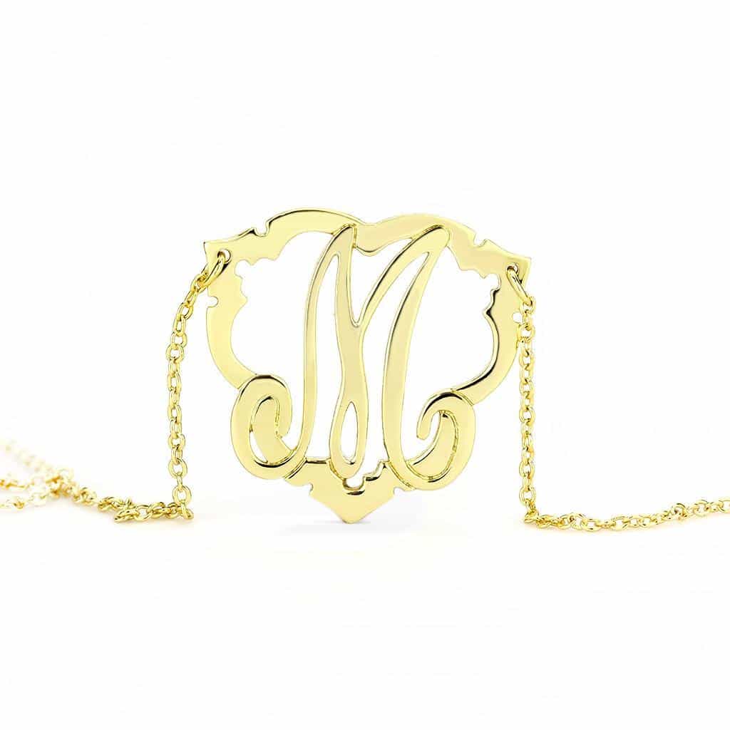Brass Gold Script Letter M Monogram Pendant Necklace view 3