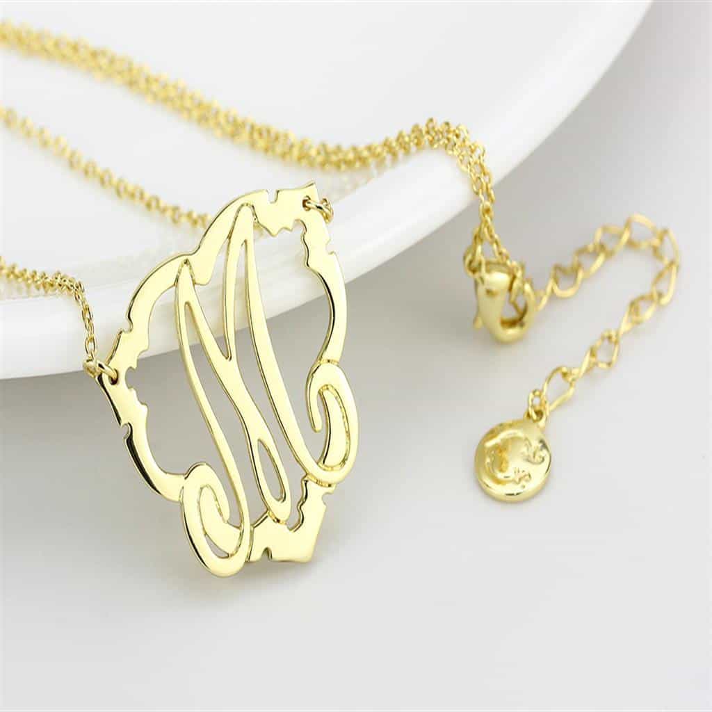 Brass Gold Script Letter M Monogram Pendant Necklace view 4