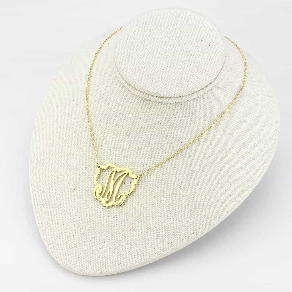 Brass Gold Script Letter M Monogram Pendant Necklace view 5
