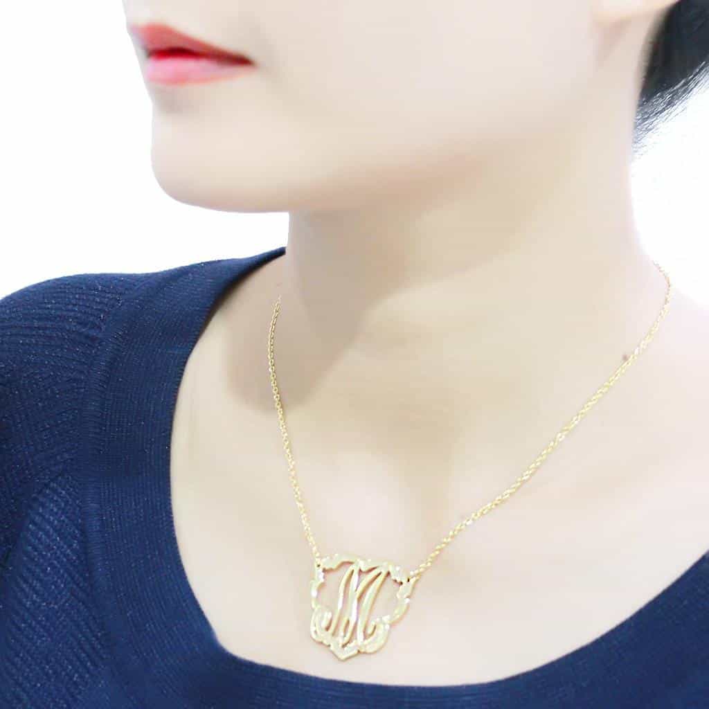 Brass Gold Script Letter M Monogram Pendant Necklace view 6