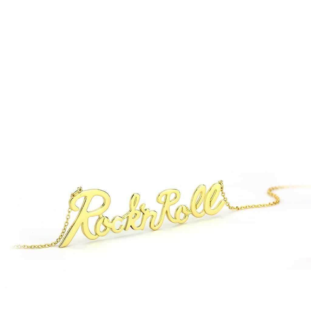 Brass Gold Rock N Roll Script Pendant Necklace view 3