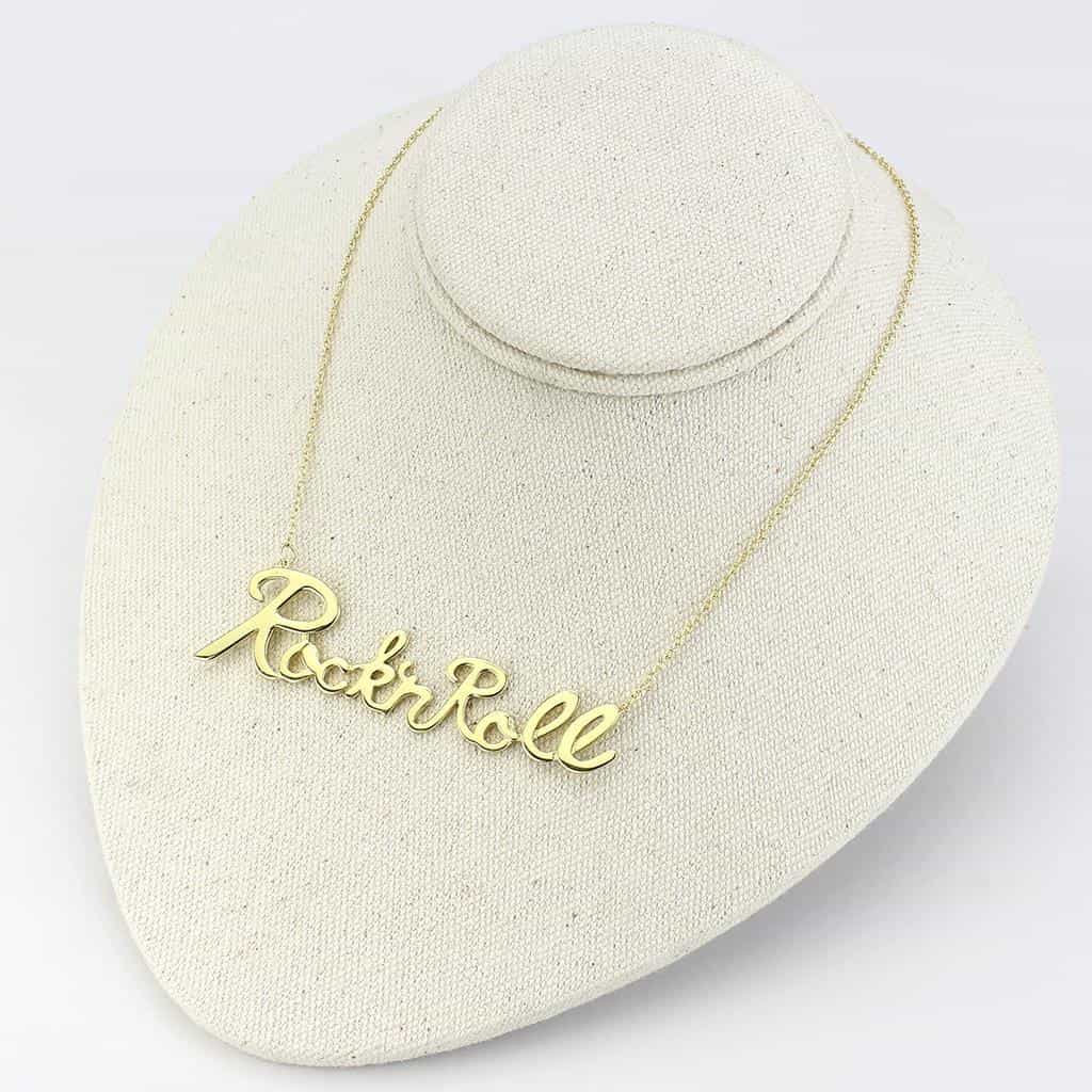 Brass Gold Rock N Roll Script Pendant Necklace view 4