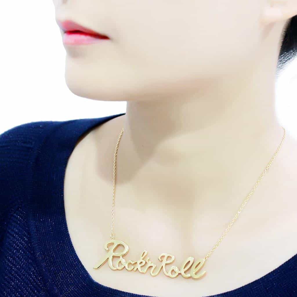 Brass Gold Rock N Roll Script Pendant Necklace view 5