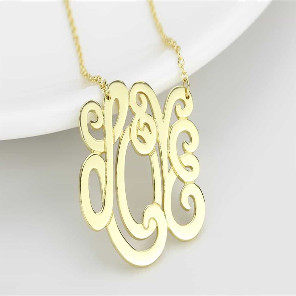 Brass Gold Script Monogram Pendant Necklace view 5