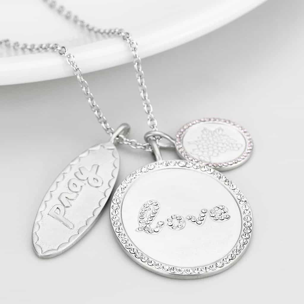 Brass Silver Pray Love Disc Charm Pendant Necklace view 3