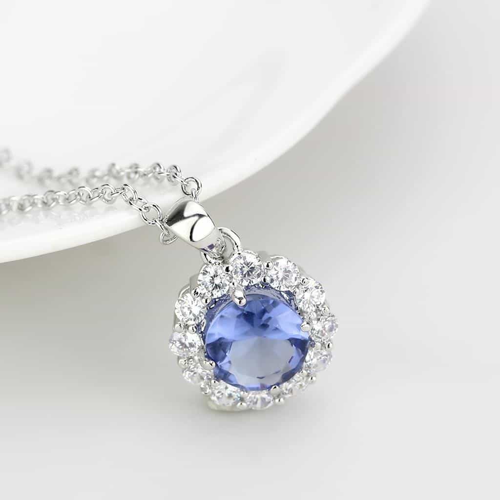 Brass Silver Tanzanite CZ Halo Pendant Necklace view 3