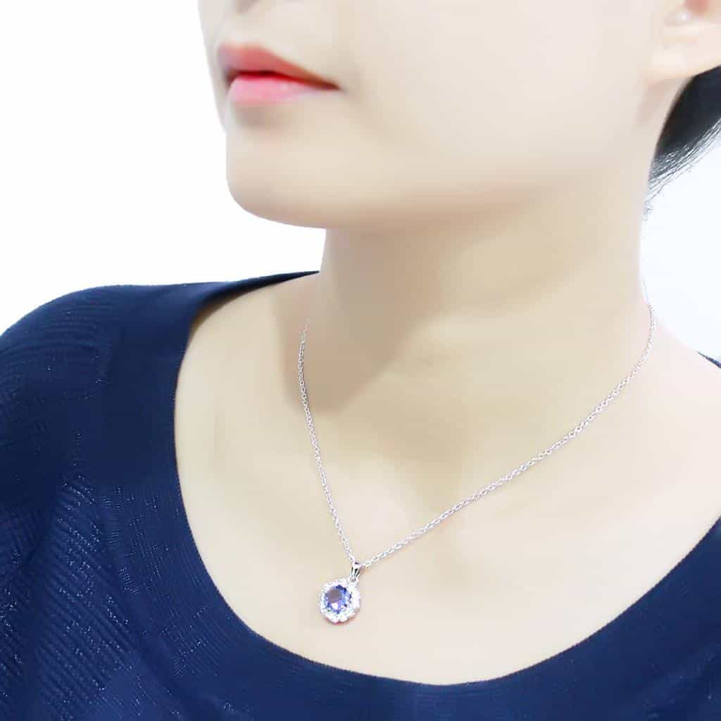Brass Silver Tanzanite CZ Halo Pendant Necklace view 5