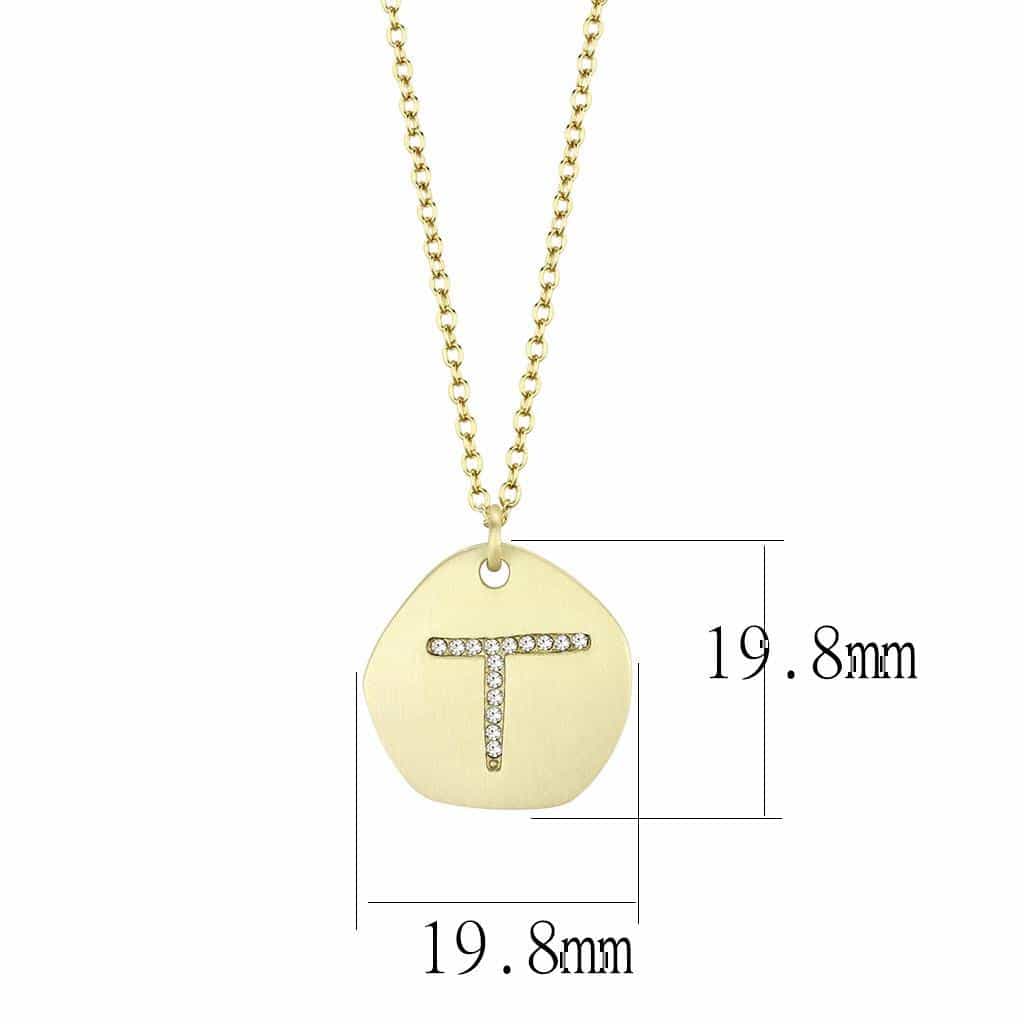 Brass Gold Letter T CZ Disc Pendant Necklace view 2