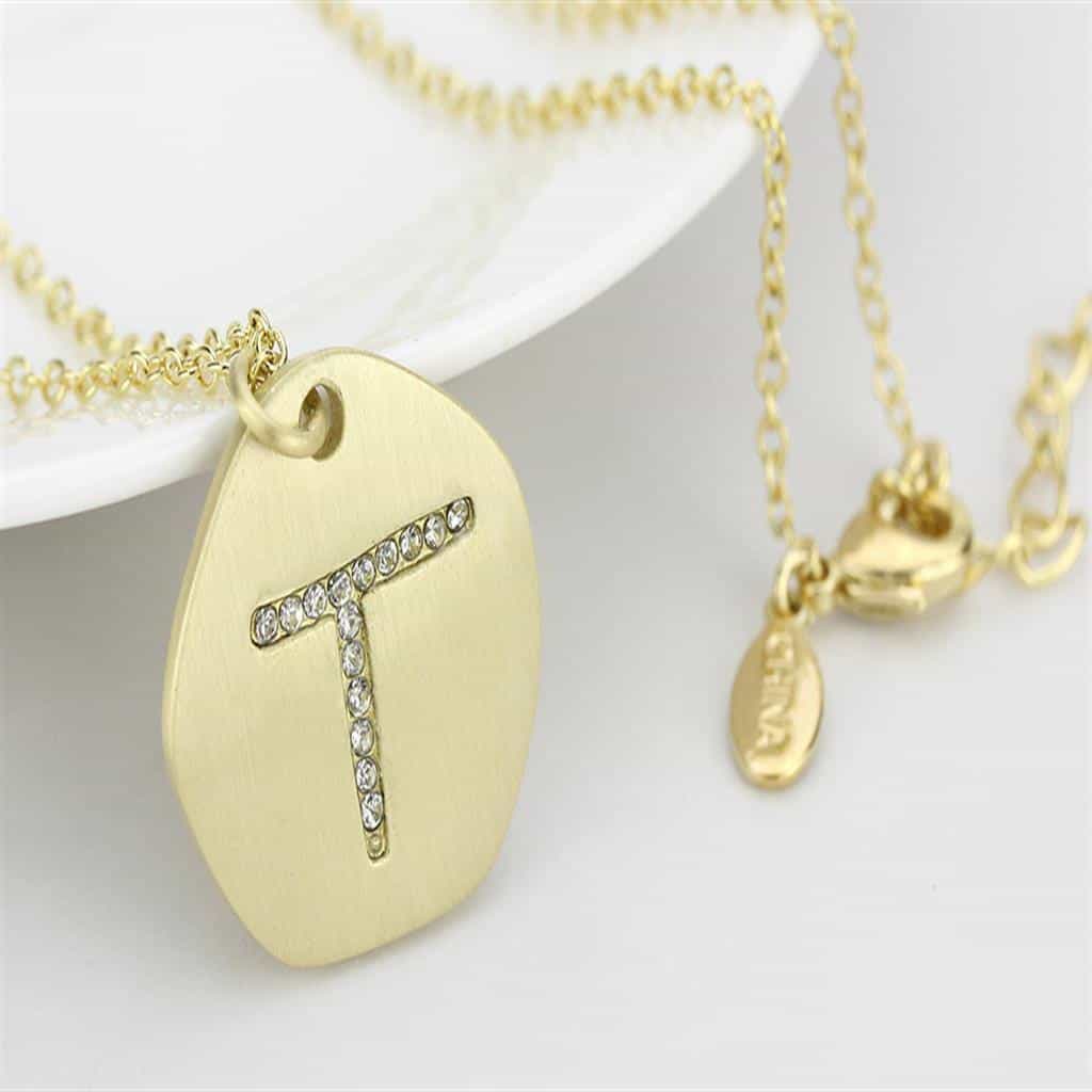Brass Gold Letter T CZ Disc Pendant Necklace view 4