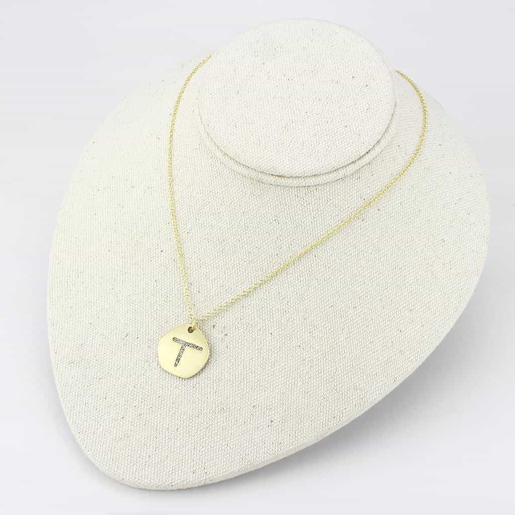 Brass Gold Letter T CZ Disc Pendant Necklace view 5