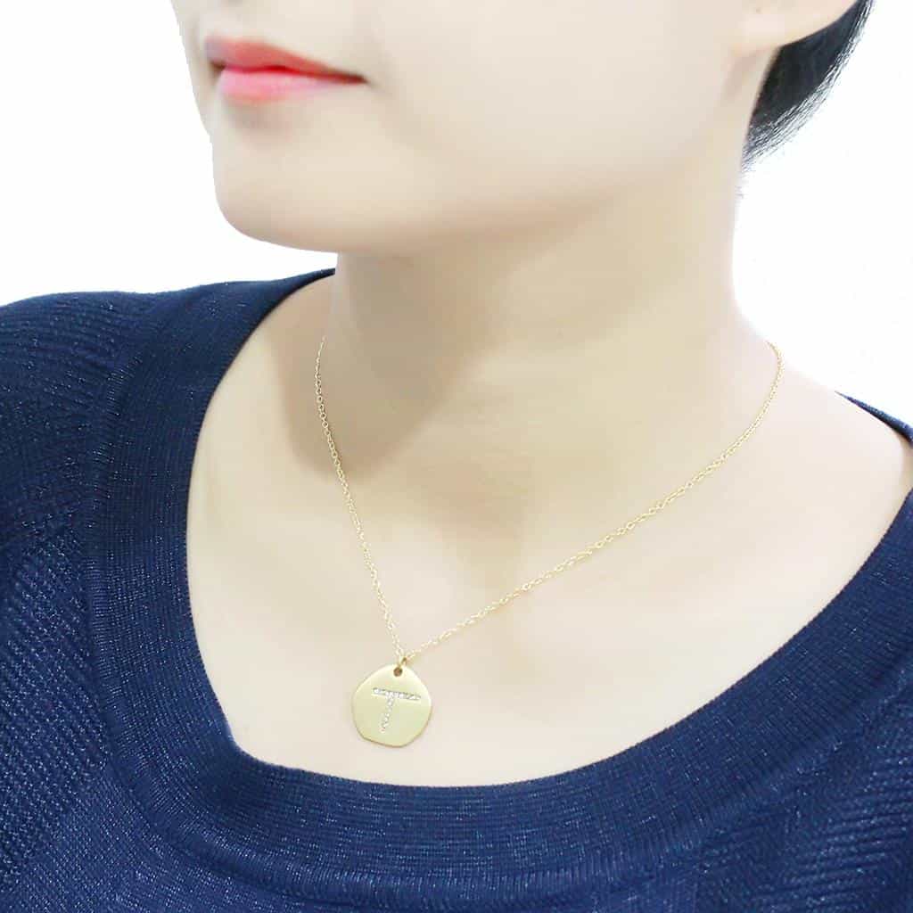 Brass Gold Letter T CZ Disc Pendant Necklace view 6