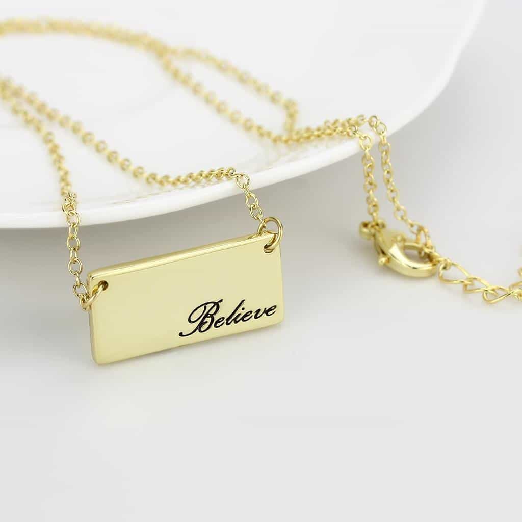 Brass Gold Believe Script Bar Pendant Necklace view 3