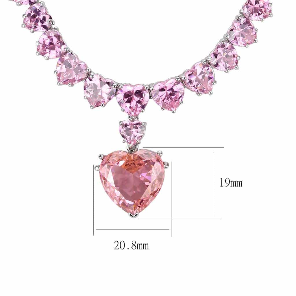 Brass Silver Pink CZ Heart V-Shape Statement Necklace view 2