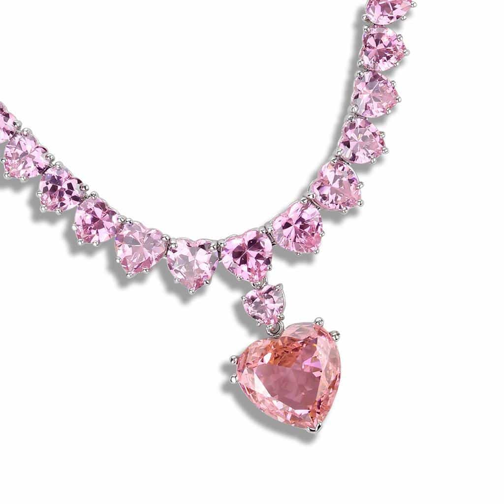 Brass Silver Pink CZ Heart V-Shape Statement Necklace view 3