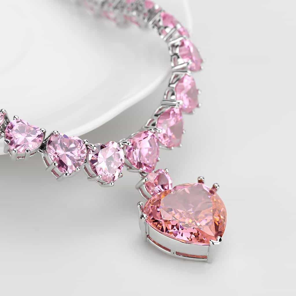 Brass Silver Pink CZ Heart V-Shape Statement Necklace view 4