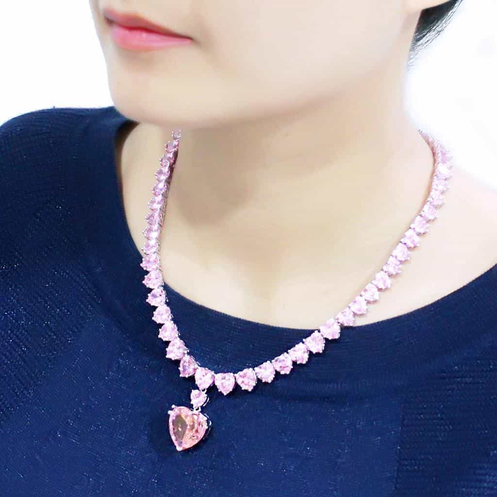 Brass Silver Pink CZ Heart V-Shape Statement Necklace view 5
