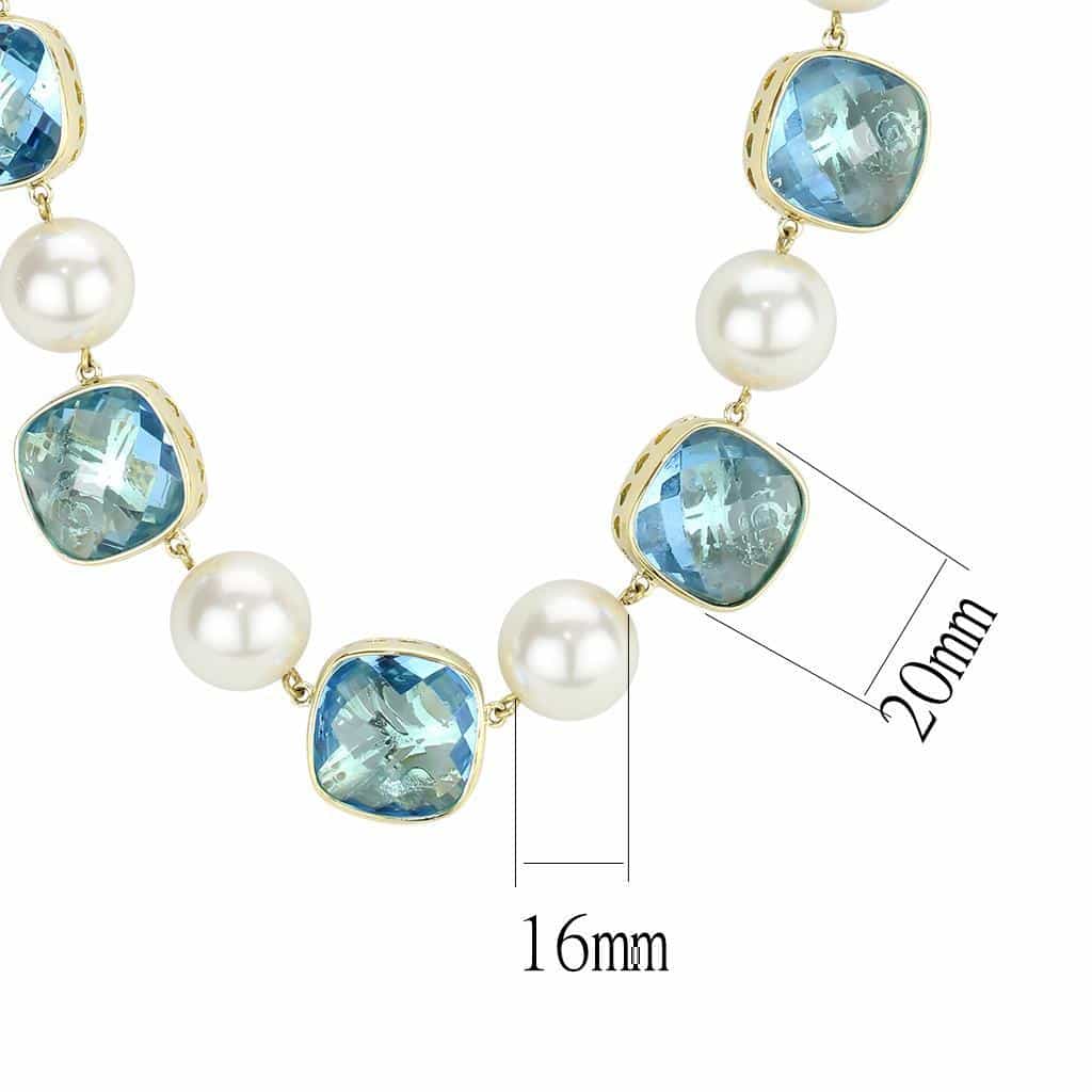 Brass Gold Pearl Blue Crystal Cushion Link Necklace view 2