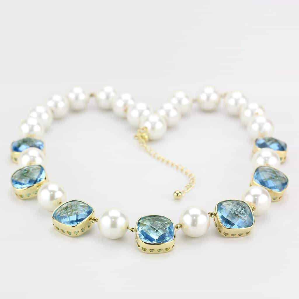 Brass Gold Pearl Blue Crystal Cushion Link Necklace view 3