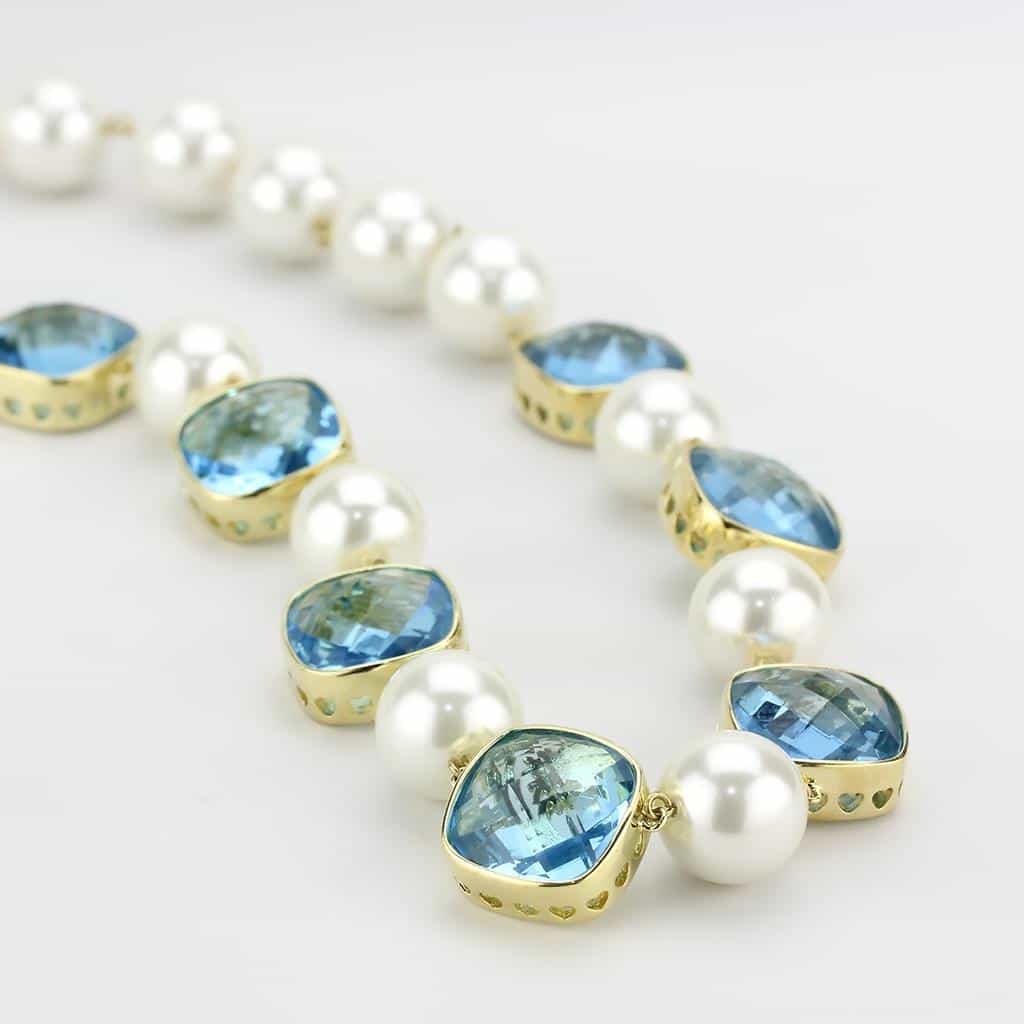 Brass Gold Pearl Blue Crystal Cushion Link Necklace view 4