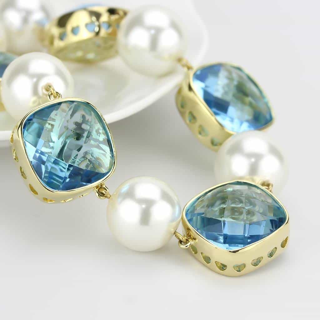 Brass Gold Pearl Blue Crystal Cushion Link Necklace view 5
