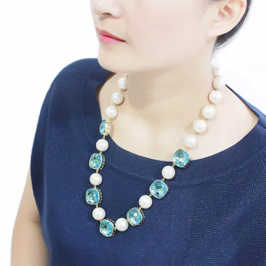 Brass Gold Pearl Blue Crystal Cushion Link Necklace view 6