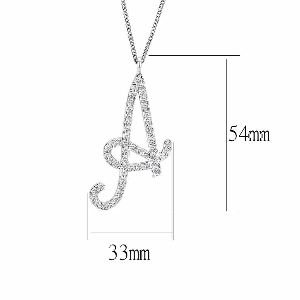 Brass Silver CZ Script Letter A Pendant Necklace view 2