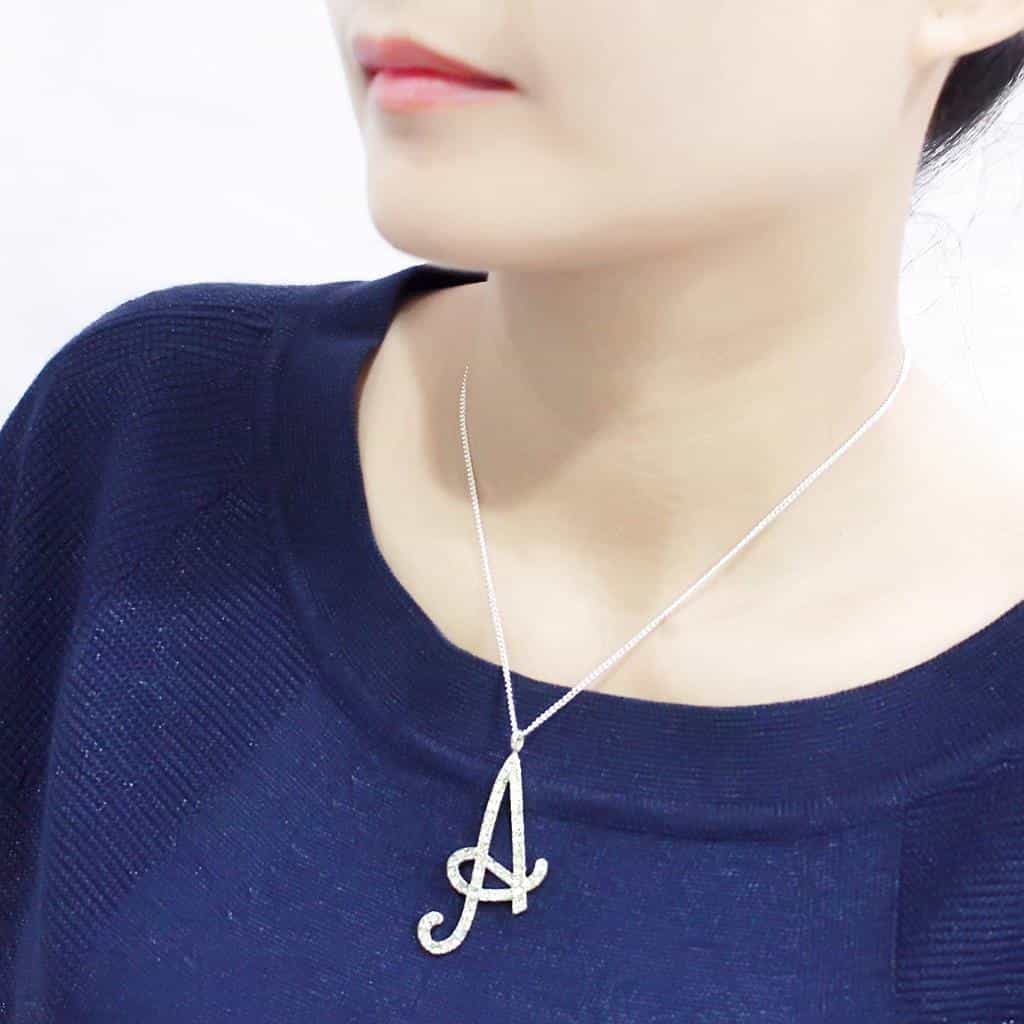 Brass Silver CZ Script Letter A Pendant Necklace view 4