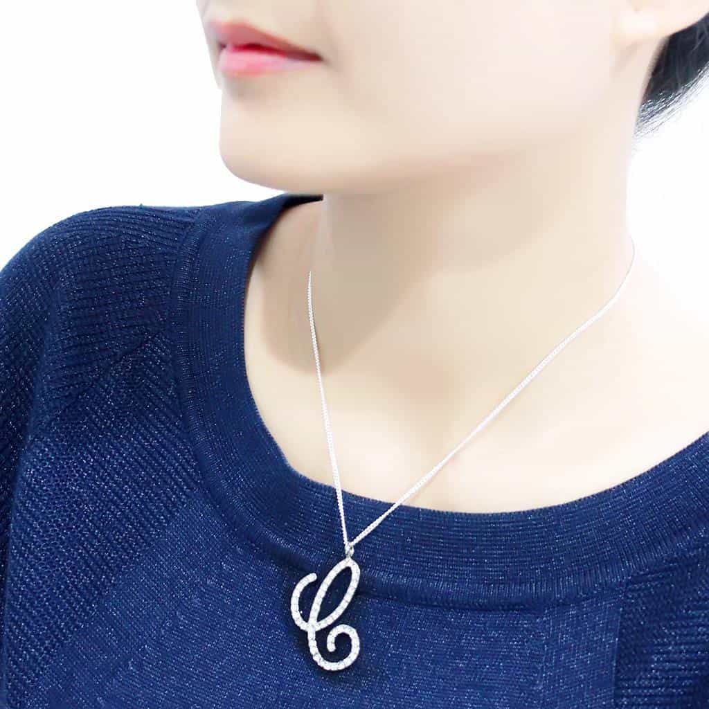 Brass Silver CZ Script Letter C Pendant Necklace view 4