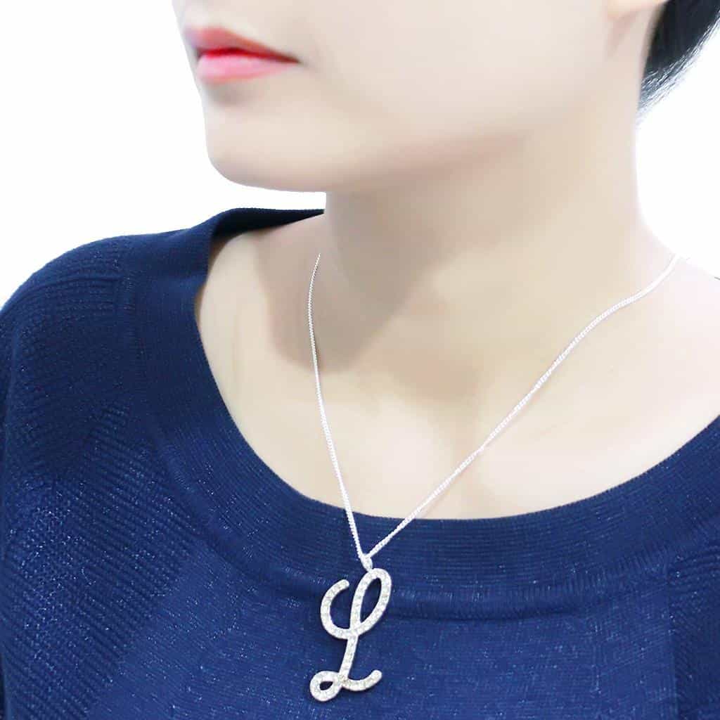 Brass Silver CZ Script Letter L Pendant Necklace view 4