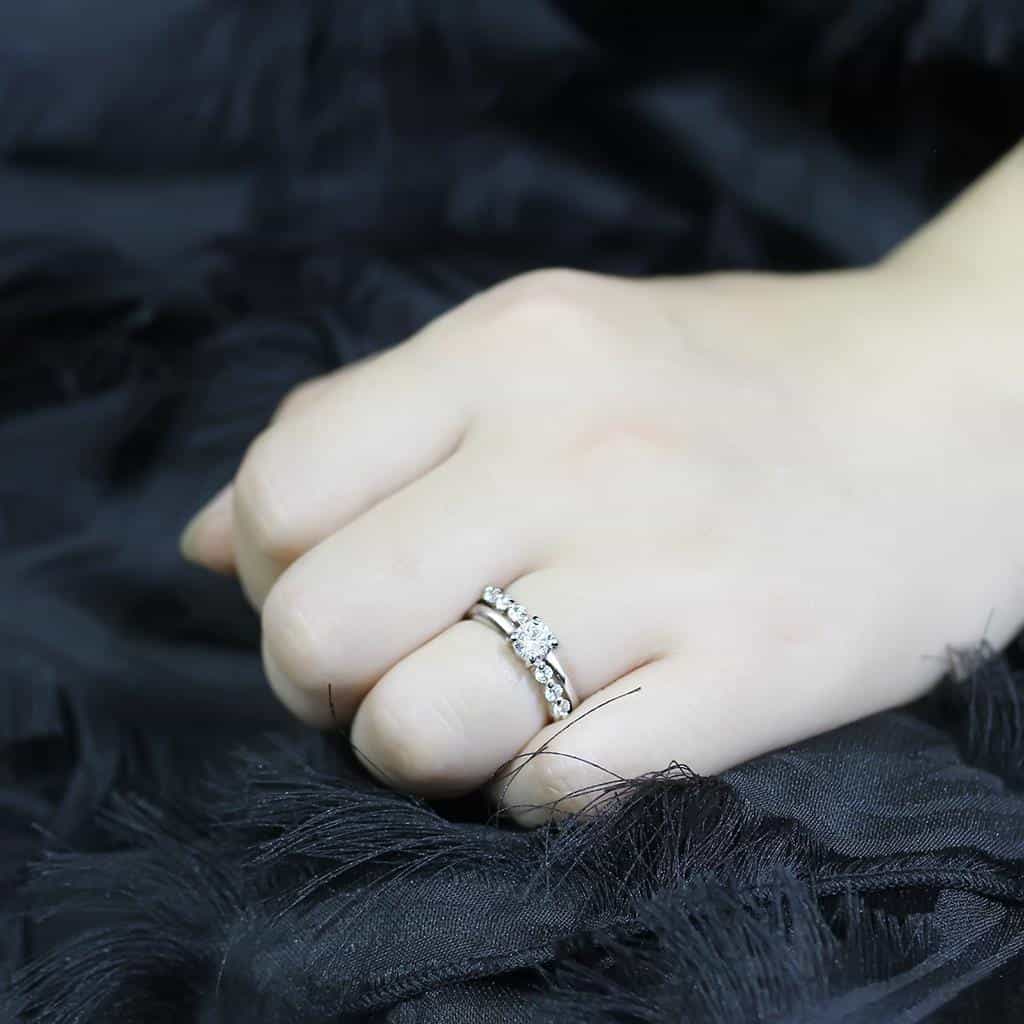 Brass Silver CZ Round Solitaire Accent Bridal Ring Set Ring view 5