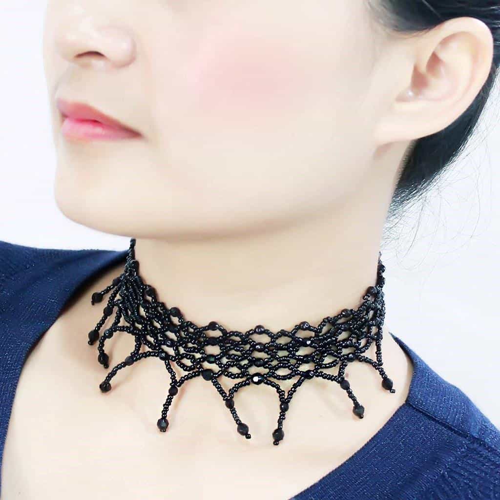 Brass Black Bead Lace Scallop Collar Necklace view 4