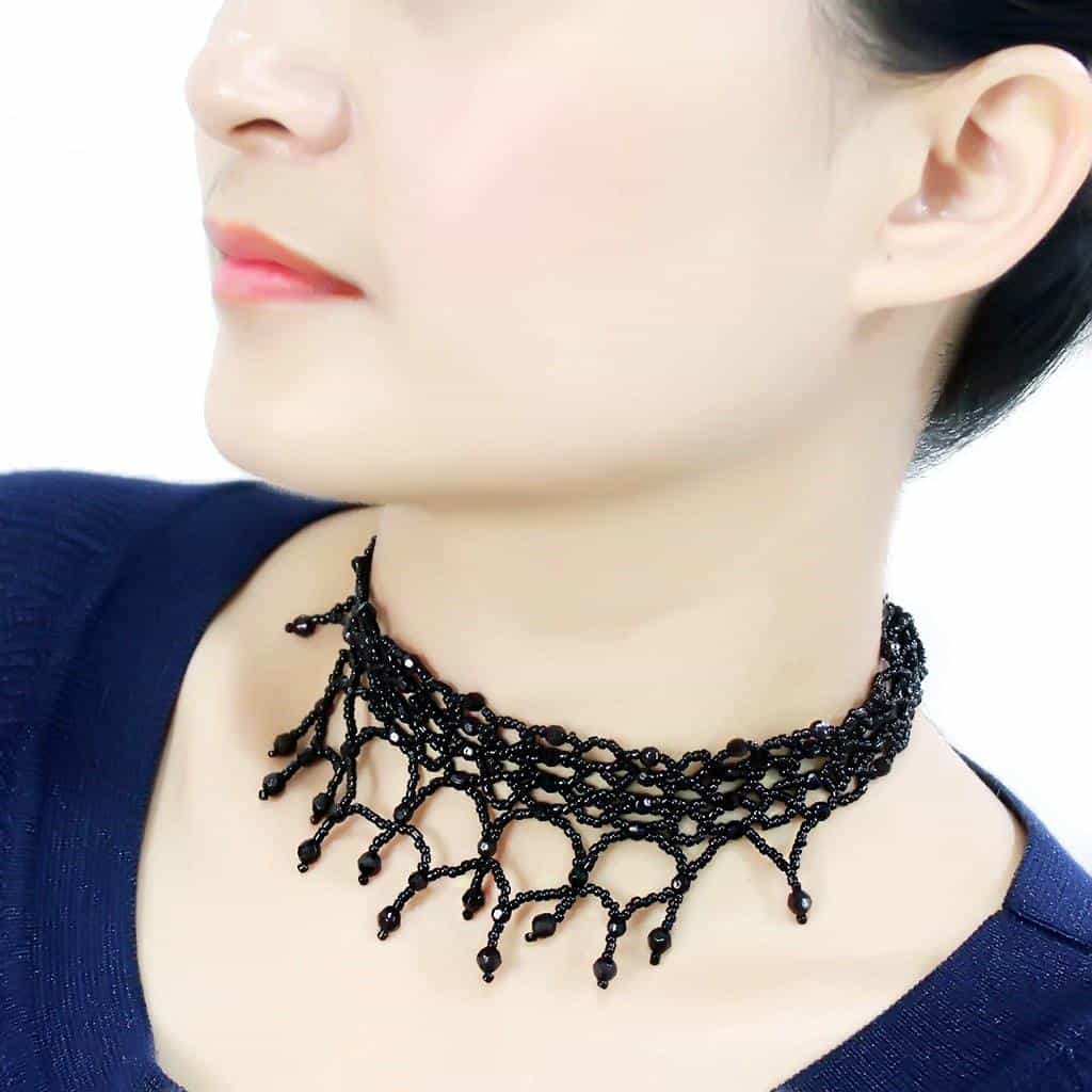 Brass Black Bead Lace Fringe Drop Choker Necklace view 4