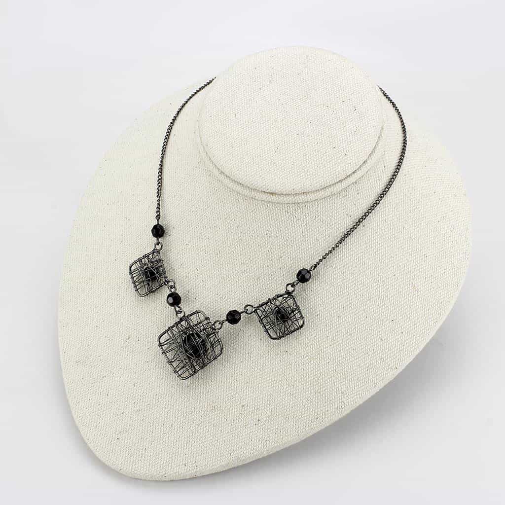 Brass Gunmetal Black Bead Wire Cage Square Pendant Necklace view 3