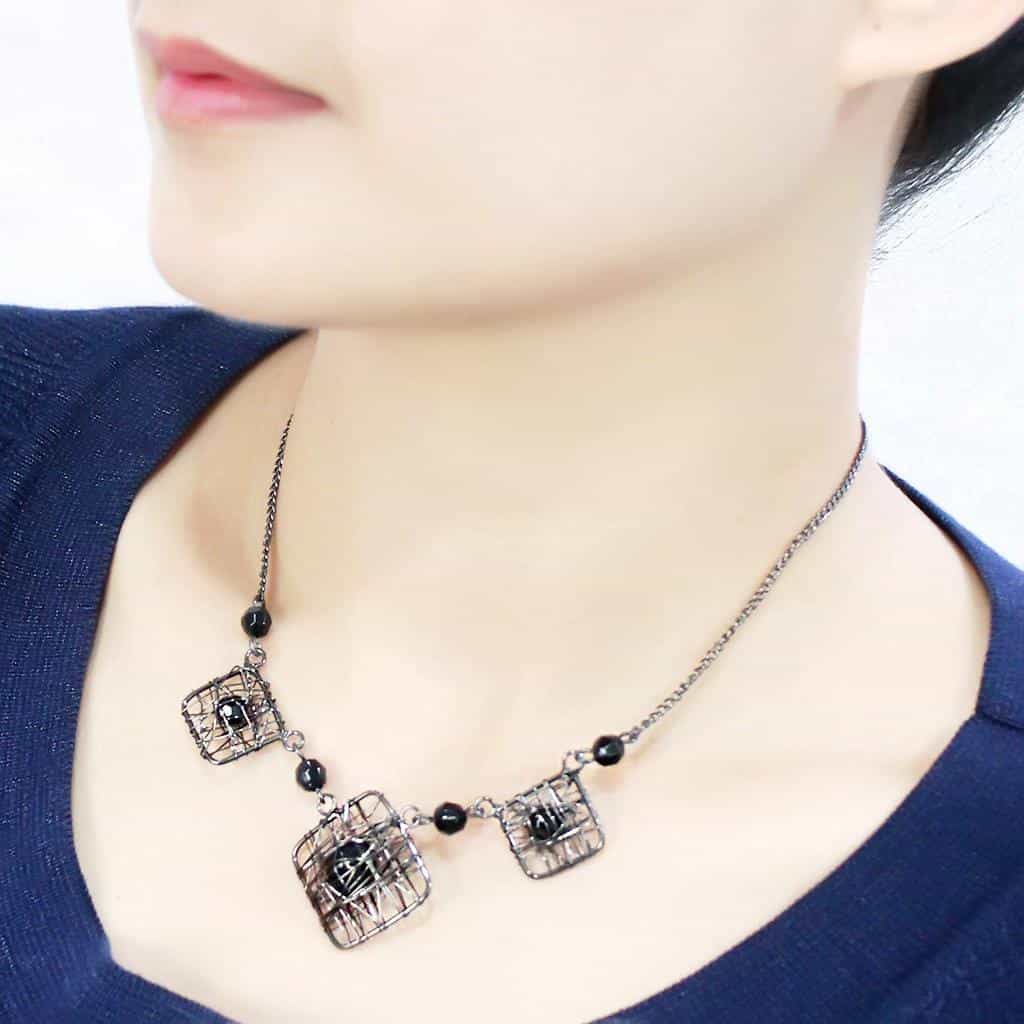 Brass Gunmetal Black Bead Wire Cage Square Pendant Necklace view 4