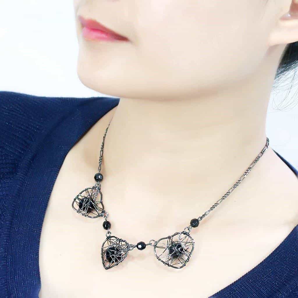 Brass Gunmetal Black Bead Wire Cage Heart Pendant Necklace view 4
