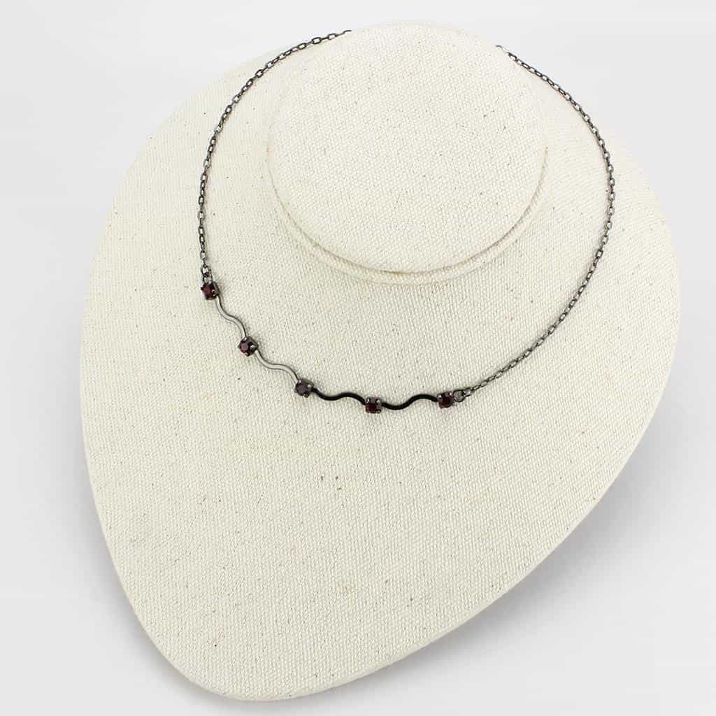 Brass Silver Red Garnet Wave Station Necklace Earrings view 3