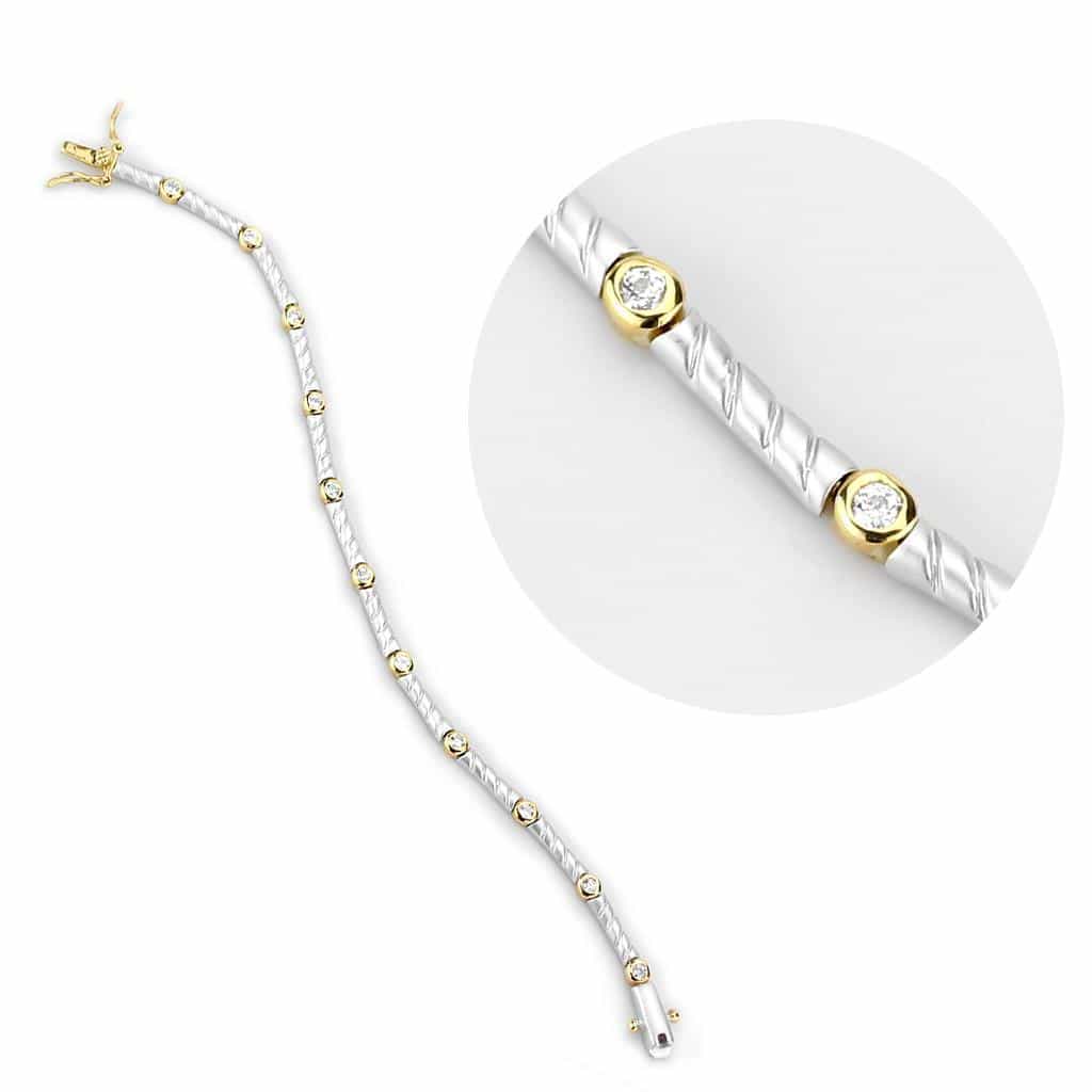 Brass Two Tone Silver Gold CZ Bezel Hammered Bracelet view 3