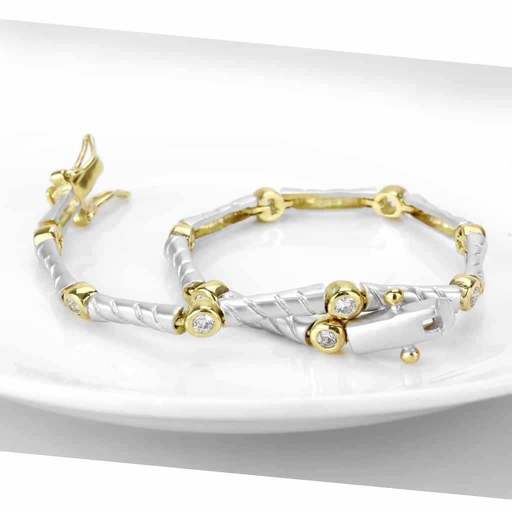 Brass Two Tone Silver Gold CZ Bezel Hammered Bracelet view 4