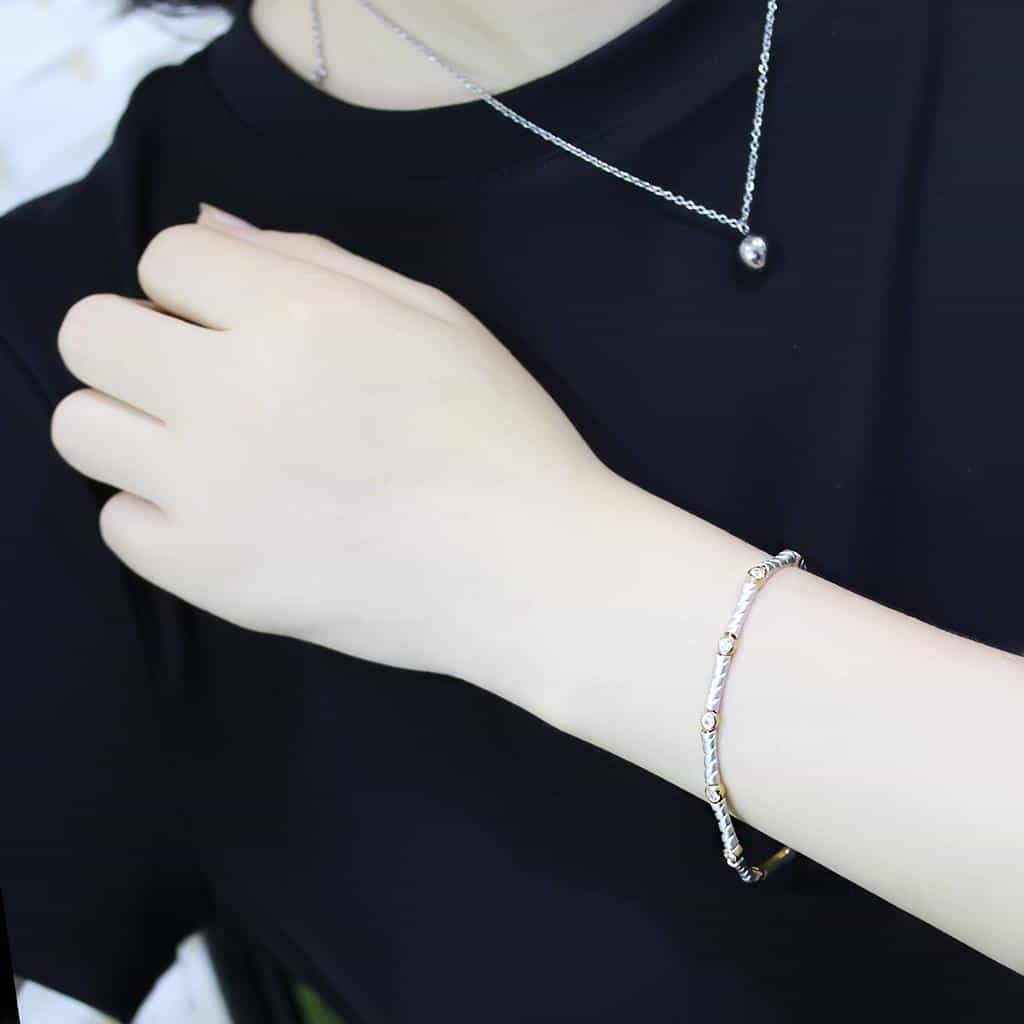 Brass Two Tone Silver Gold CZ Bezel Hammered Bracelet view 5