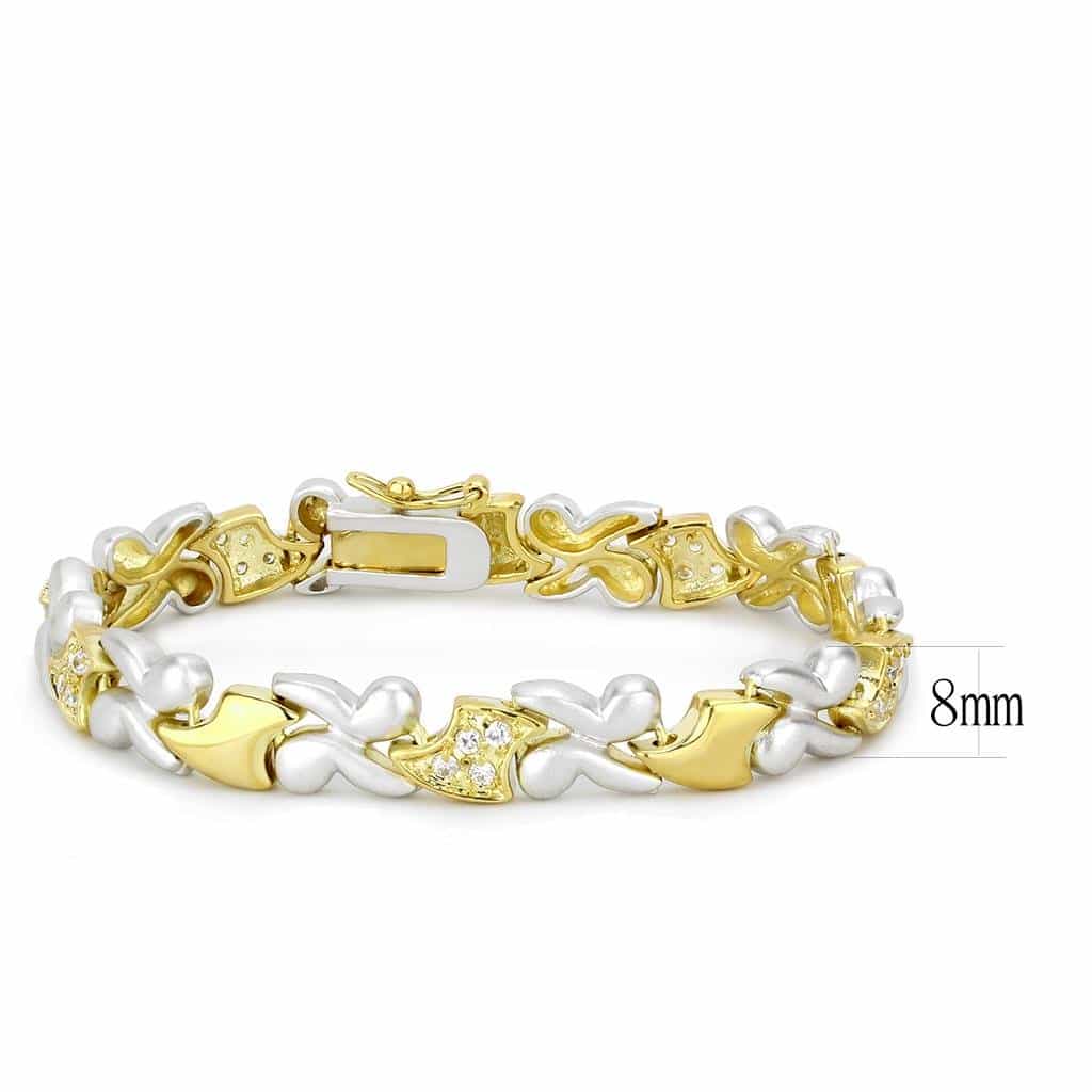 Brass Two Tone Silver Gold CZ Heart Link Bracelet view 2
