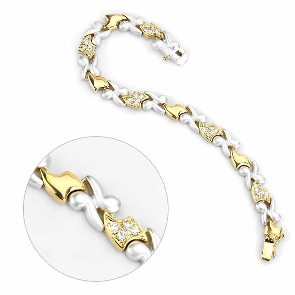 Brass Two Tone Silver Gold CZ Heart Link Bracelet view 3