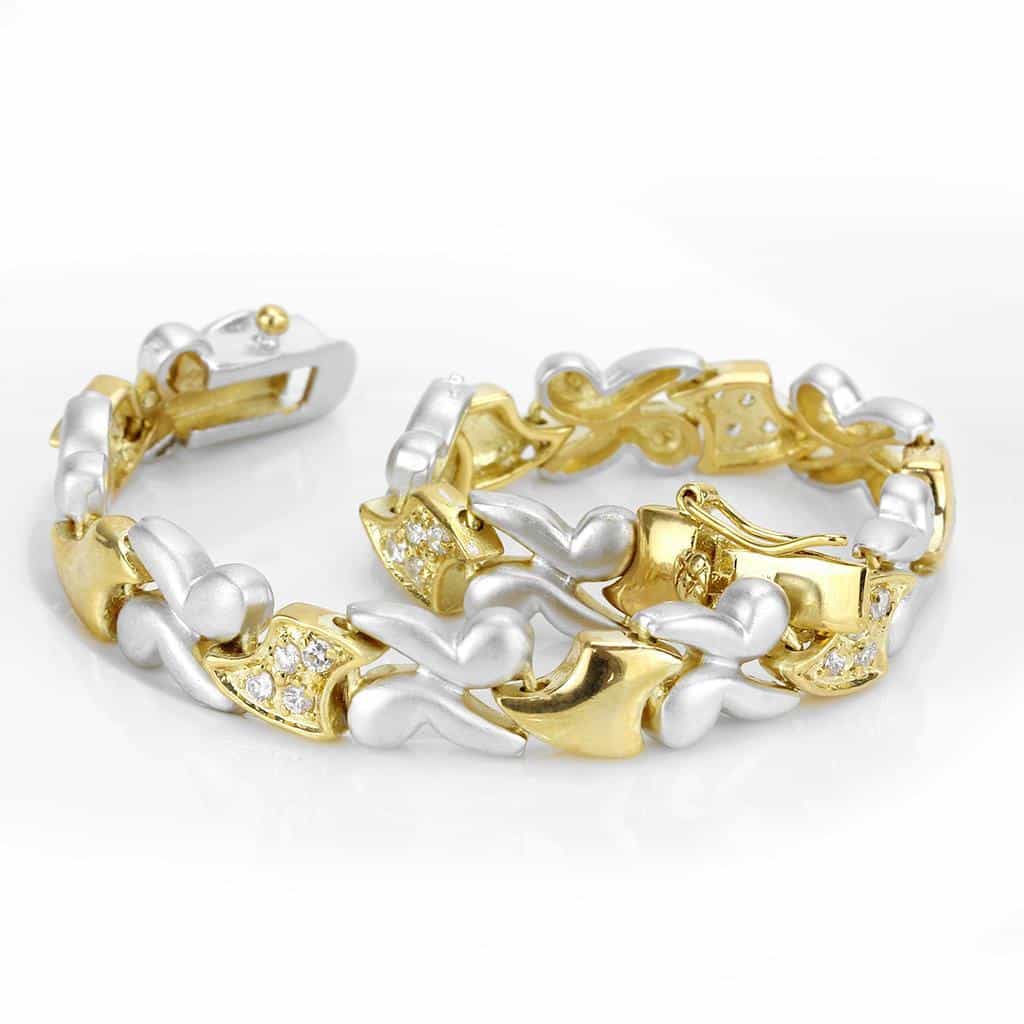 Brass Two Tone Silver Gold CZ Heart Link Bracelet view 4